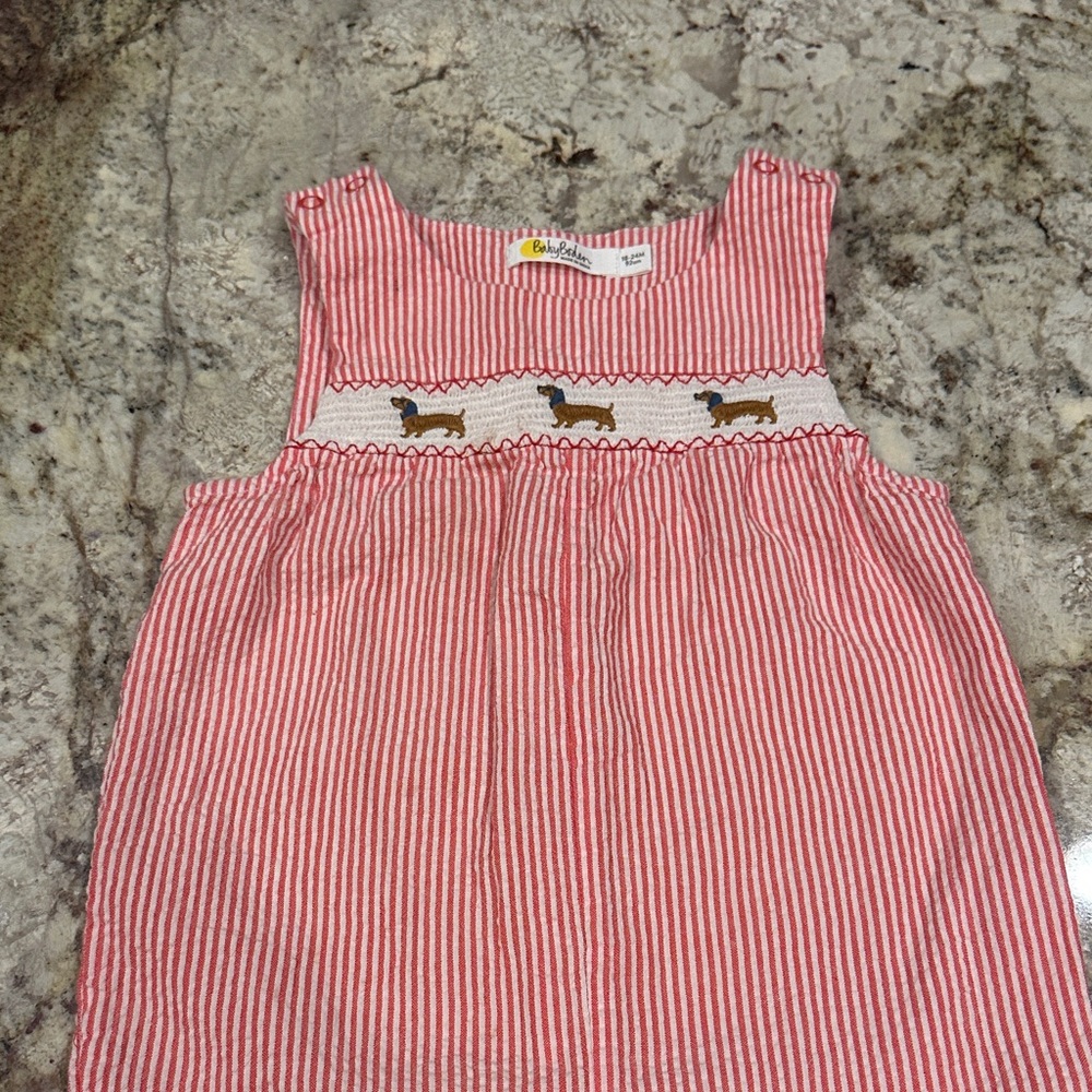 Baby Boden Red and White Striped Smocked One-Piece
